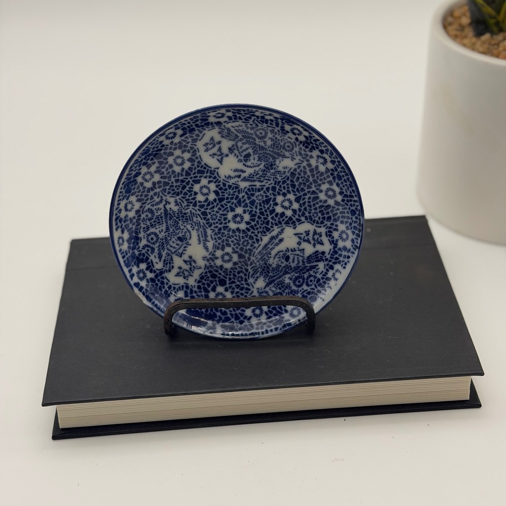 Vintage Asian Blue White Lace Bird Floral Trinket Dish Double Blue Circle Mark